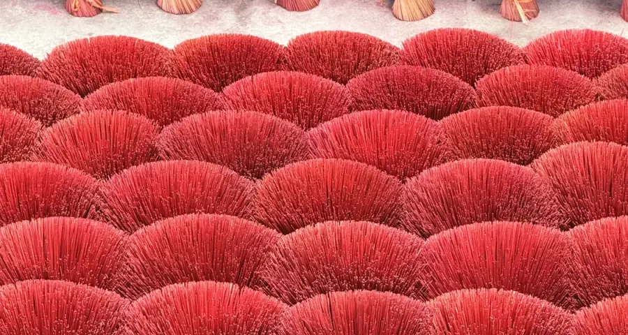Field of red incense bundles drying in the sun
